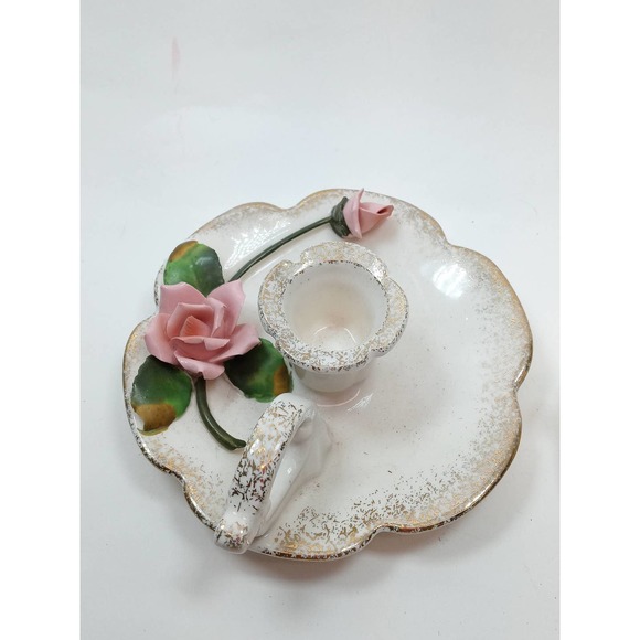 Lefton Pink Rose Chamberstick Candle Holders Gold Sponged Accent Set of 2 Japan - Picture 4 of 9